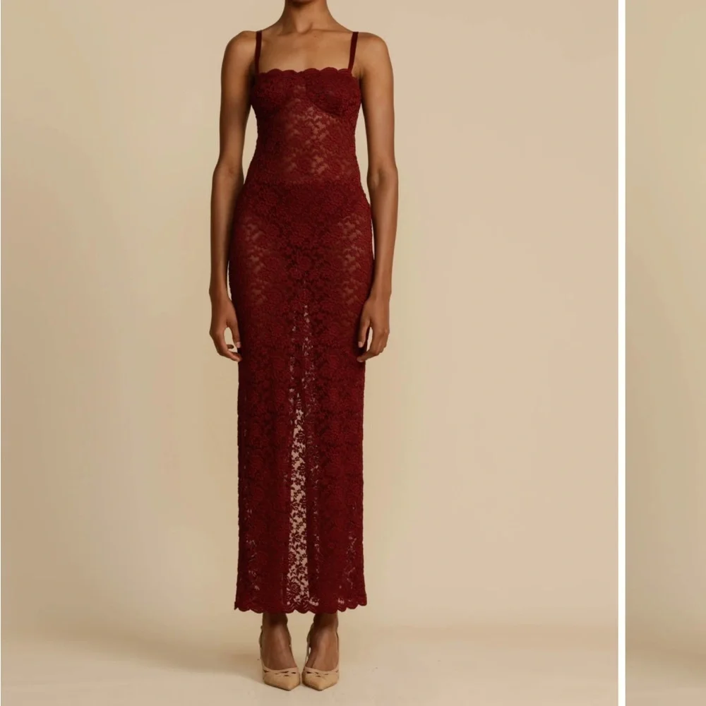 Women’s Burgundy Lace Maxi Dress with Spaghetti Straps